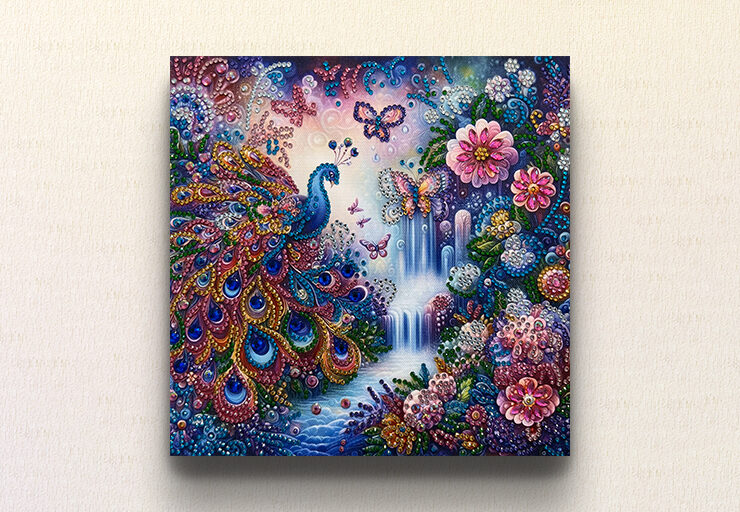 幻想的な楽園を舞台に、美しい孔雀が羽を広げる壮麗な瞬間を描いた、happinessによるダイヤモンドアート作品。